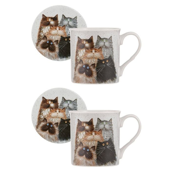 2PK Ashdene Kim's Cats Fluffy Five New Bone China Mug & Coaster Set 330ml White