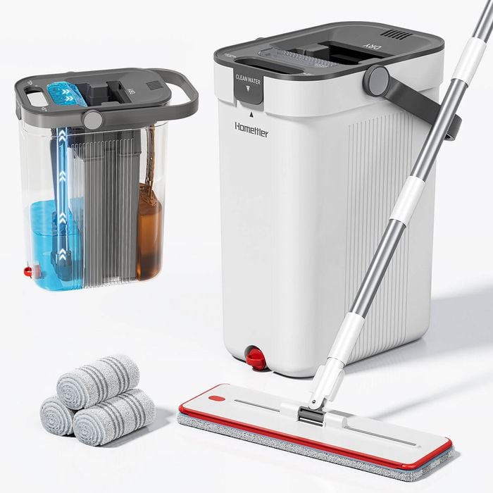 Premium Microfiber Flat Mop Bucket Set w/ Clean & Dirty Water Separation 360 Degree White