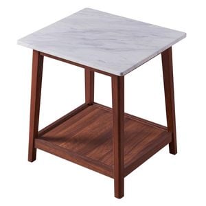 Teamson Home Kingston Side Table with Storage and Marble-Look Top, Marble/Walnut