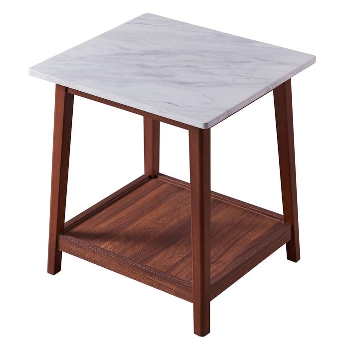 Teamson Home Kingston Side Table with Storage and Marble-Look Top, Marble/Walnut