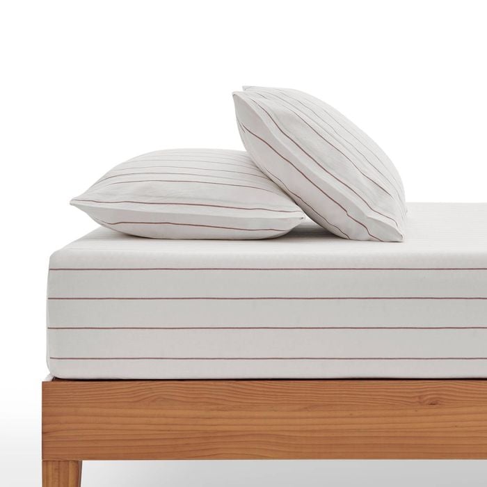 Dreamaker Rumi Washed Cotton Fitted Sheet Set White With Rust Stripe Single Bed