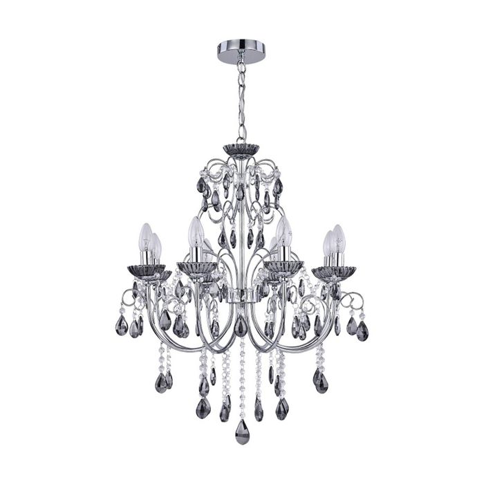 Lexi Lighting Rovert Chandelier Large Chrome Smoke Metal Crystal 8 Bulbs
