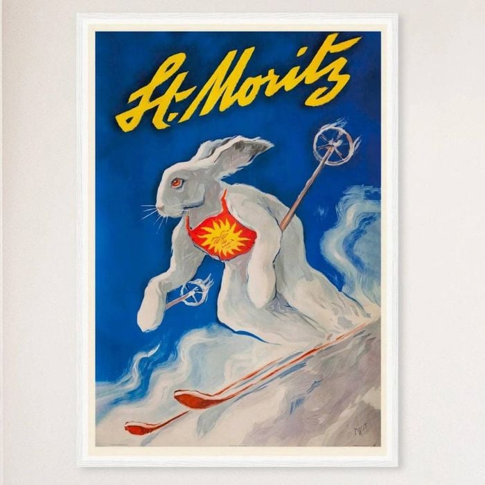 Galrie Vintage St Moritz Switzerland Ski Bunny Poster for Home Decor, White Frame, 70 x 100cm (28 x 40inch)