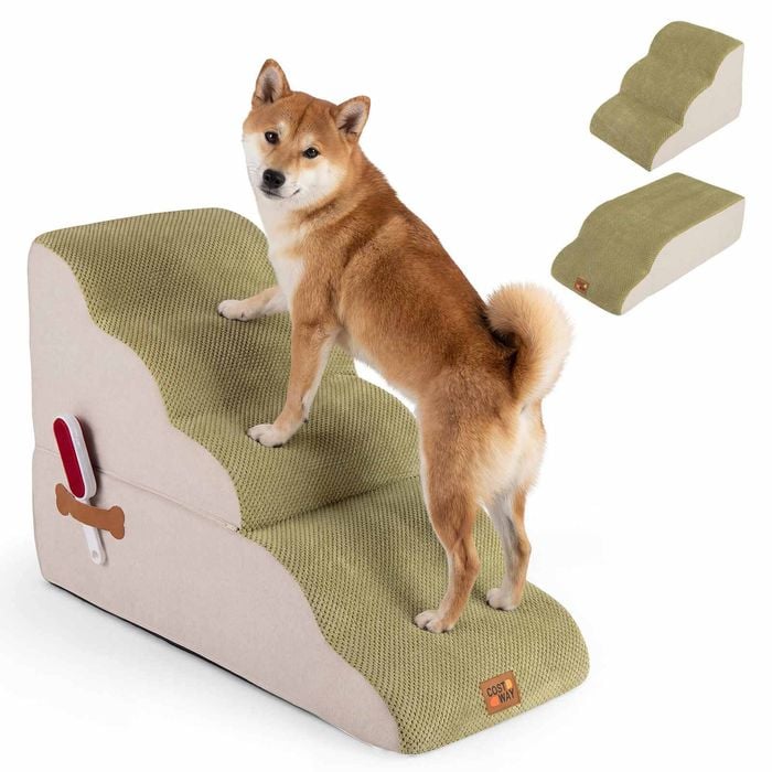 Costway 2-in-1 Pet Ramp 5 Steps Foam Dog Stairs W/lint Roller Green