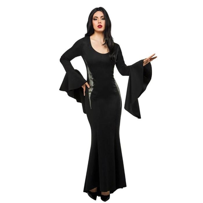 Morticia Addams Deluxe Halloween Costume Adult Black Dress with Trumpet Sleeves, Medium