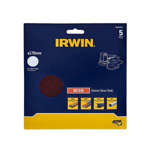 IRWIN 178mm 60 Grit No Holes Quick Fit Random Orbital Sanding Discs - 5 Pack