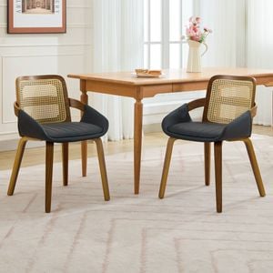 HOMFURN Set of 2 Rattan Back Dining Chairs, Black Faux Leather