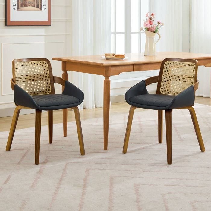 HOMFURN Set of 2 Rattan Back Dining Chairs, Black Faux Leather