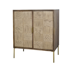 Roomlane Evon Bar Unit Mango Wood & Jute in Brass Finish Metal Legs