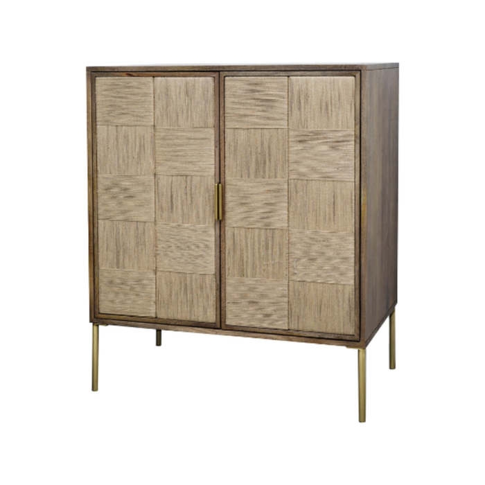 Roomlane Evon Bar Unit Mango Wood & Jute in Brass Finish Metal Legs