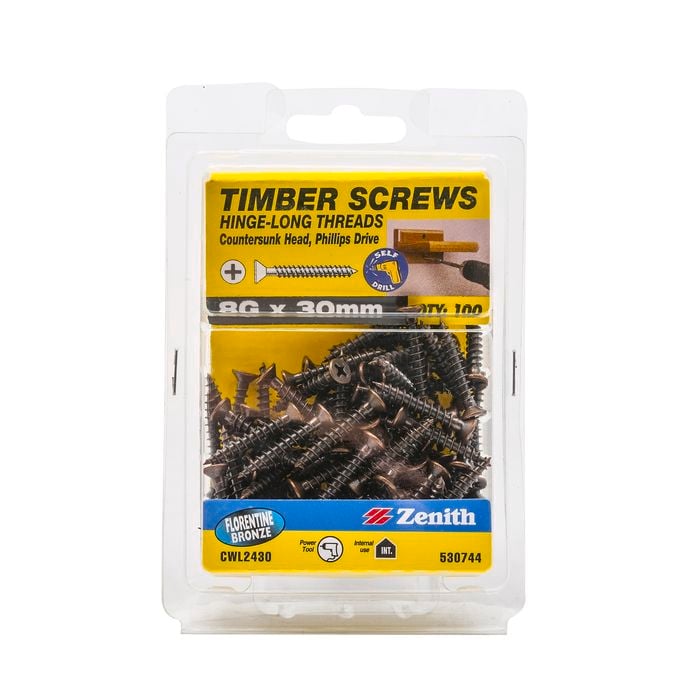 Zenith 8G x 30mm Florentine Bronze Hinge-Long Thread Timber Screws - 100 Pack