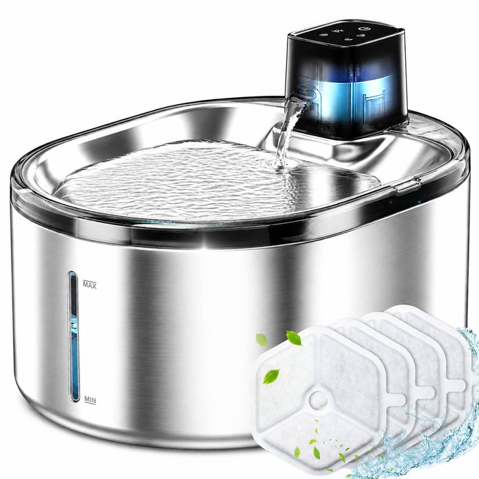 Advwin 4L Pet Water Fountain Stainless Steel+4 Set Replacement Pet Water Fountain Filters