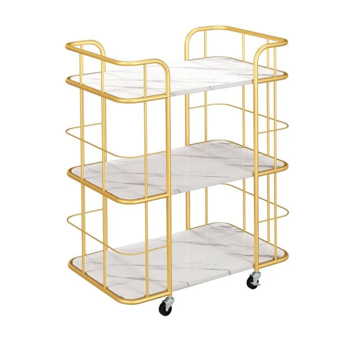 Costway 3-Tier Serving Bar Cart Metal Frame Kitchen Trolley w/Handles Gold