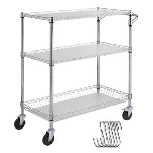 VEVOR Kitchen Utility Cart Silver Wire Rolling 3 Tiers 6 Hooks Steel