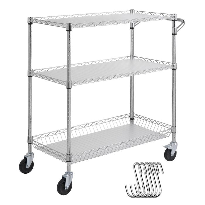 VEVOR Kitchen Utility Cart Silver Wire Rolling 3 Tiers 6 Hooks Steel