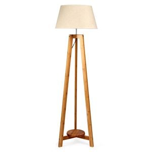 155cm Large Bamboo Wooden Tripod Floor Lamp w Beige Linen Light Shade
