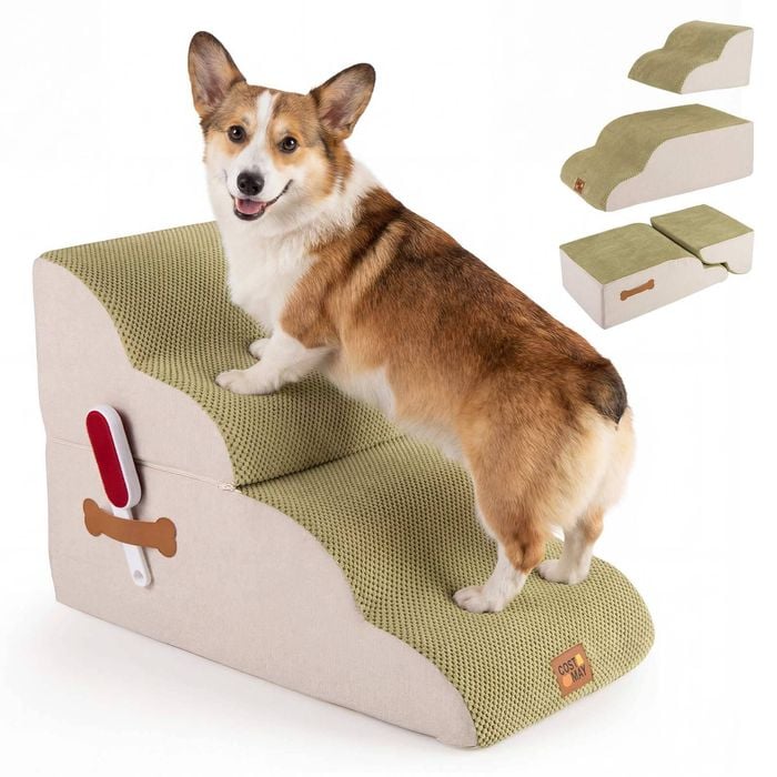 Costway 2-in-1 Pet Ramp 4 Steps Foam Dog Stairs W/lint Roller Green