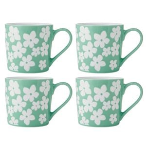 4PK Mikasa 360ml Wax Resist Green Flower Coffee Mug Cup Clay