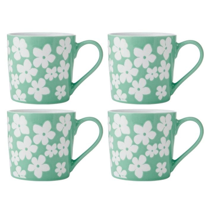 4PK Mikasa 360ml Wax Resist Green Flower Coffee Mug Cup Clay