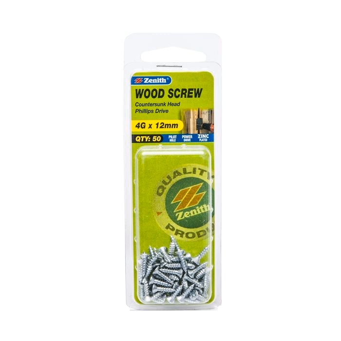 Zenith 4G x 12mm Zinc Plated Wood Screw - 50 Pack
