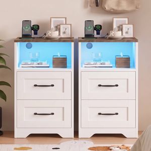 Ufurniture 2 PcsFarmhouse Nightstand with 2 Drawers, Charging Station, LED Light Bedside Table, Brown+White