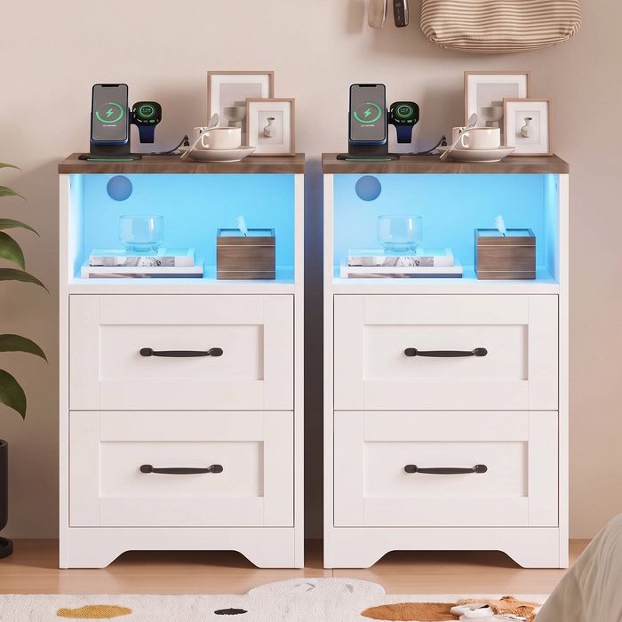 Ufurniture 2 PcsFarmhouse Nightstand with 2 Drawers, Charging Station, LED Light Bedside Table, Brown+White