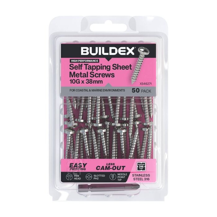 Buildex 10G x 38mm SS316 Self Tapping Sheet Metal Screws Pan Head - 50 Pack