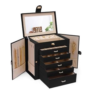 CARLA HOME 6-Layer Large Jewelry Box for Women withDrawers, Mirror, Lock, Necklace Hooks & Side Compartments (Black)