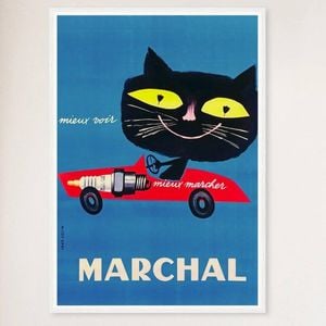 Galrie Marchal Cat Spark Plug Vintage Advertising Poster by Jean Colin - Wall Art, White Frame, A4 21 x 30cm (8 x 12inch)