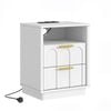 Cosmoliving White Bedside Table with Charging Station with Gold Handle