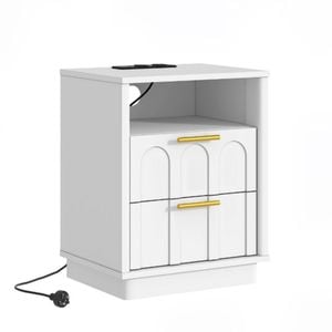Cosmoliving White Bedside Table with Charging Station with Gold Handle