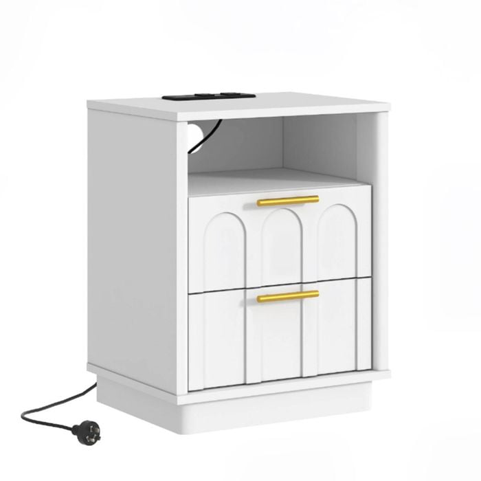 Cosmoliving White Bedside Table with Charging Station with Gold Handle