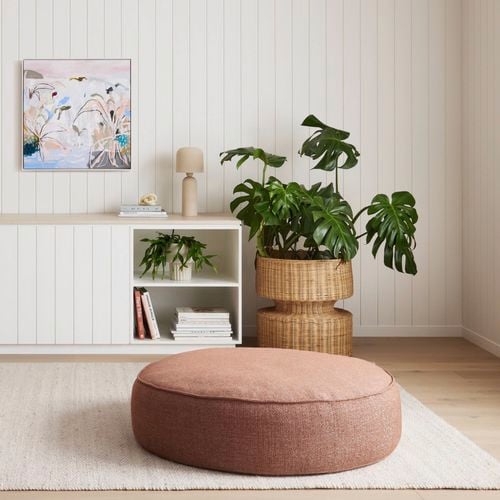 Living room with plant, shelf and ottoman.