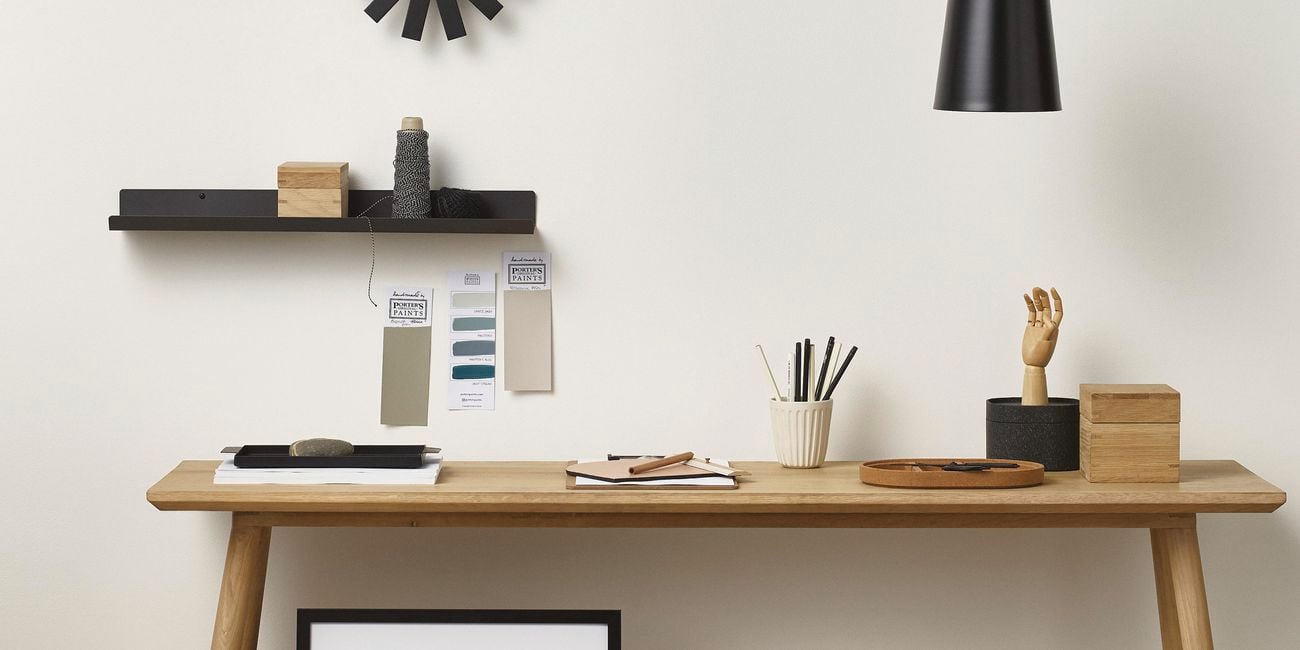 Timber desk with art supplies