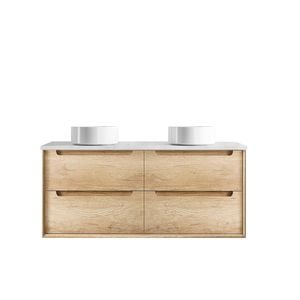 Attica 1200mm Natural Oak Baia Wall Hung Vanity with Carrara Top Double Bowl