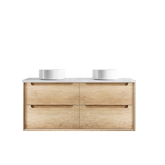 Attica 1200mm Natural Oak Baia Wall Hung Vanity with Carrara Top Double Bowl