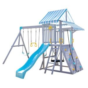 Teamson Kids Laguna Wooden Swing Set Playset with Platform, Rock Wall, and Wave Slide, Gray