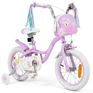 Costway 14" Kids Balance Bike w/Training Wheels & Front Bag-Purple