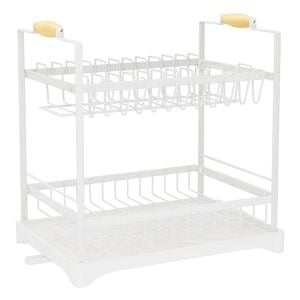 CARLA HOME 2-Tier Large Dish Drying Rack with Drainboard, Utensil Holder, Glass Hooks & Cutlery Storage (White)