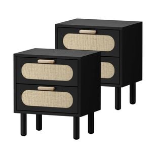 Oikiture Set Of 2 Bedside Table 2 Drawers Rattan Black