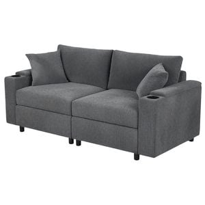 Advwin 182cm 2 Seater Sofa Corduroy Modular Lounge Couch w/ Storage Armrests & Cup Holder Grey