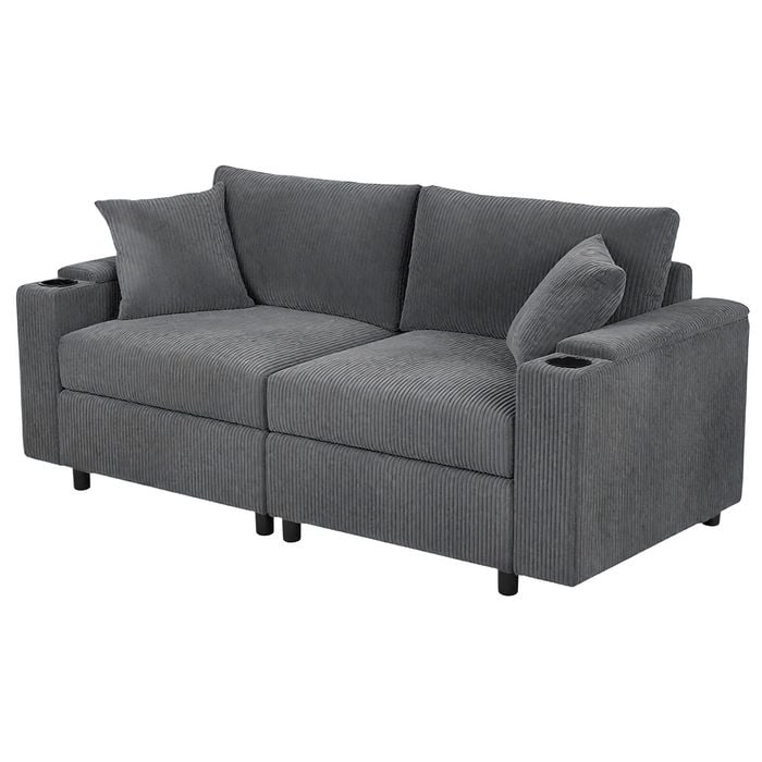 Advwin 182cm 2 Seater Sofa Corduroy Modular Lounge Couch w/ Storage Armrests & Cup Holder Grey