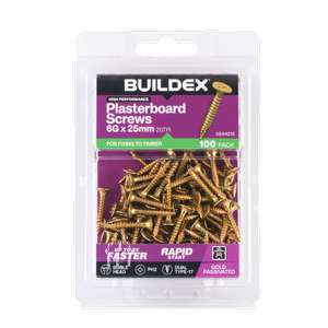 Buildex 6G x 25mm Gold Passivated Plasterboard Screws (Dual Type-17 Tip) - 100 Pack