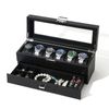 Catzon Watch Box With Glass Window Weaving Texture Watch Jewelry Organizer-6slot2layer