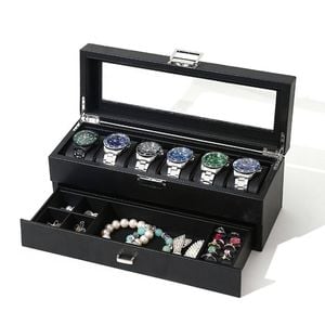 Catzon Watch Box With Glass Window Weaving Texture Watch Jewelry Organizer-6slot2layer
