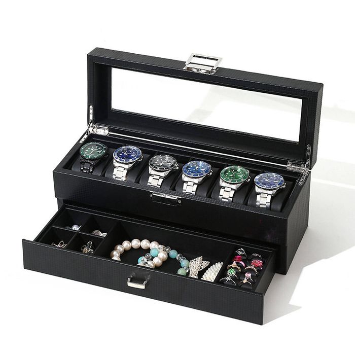 Catzon Watch Box With Glass Window Weaving Texture Watch Jewelry Organizer-6slot2layer