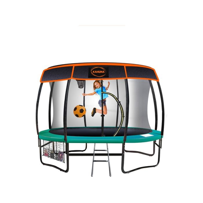 Kahuna Trampoline 10 Ft With Basket Ball Set And Roof Cover -green