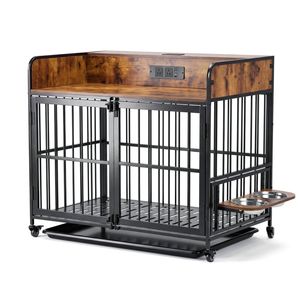 Advwin Dog Crate Furniture w/Power Outlet Double Doors Metal Pet Kennel Removable Tray