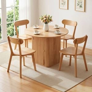 HOMFURN 5-Piece Round Dining Set, 100cm Fluted Storage Table & 4 Rubber Wood Chairs, Natural Finish for Home & Patio
