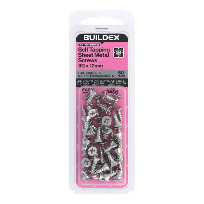 Buildex 8G x 12mm SS316 Self Tapping Sheet Metal Screws - 50 Pack